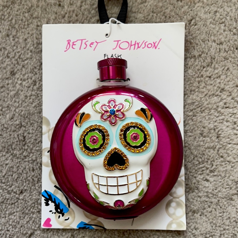 Betsy Johnson pink jeweled sugar skull flask